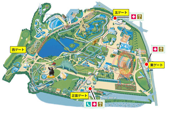 園内マップ：救護室、インフォメーション、公衆電話の位置